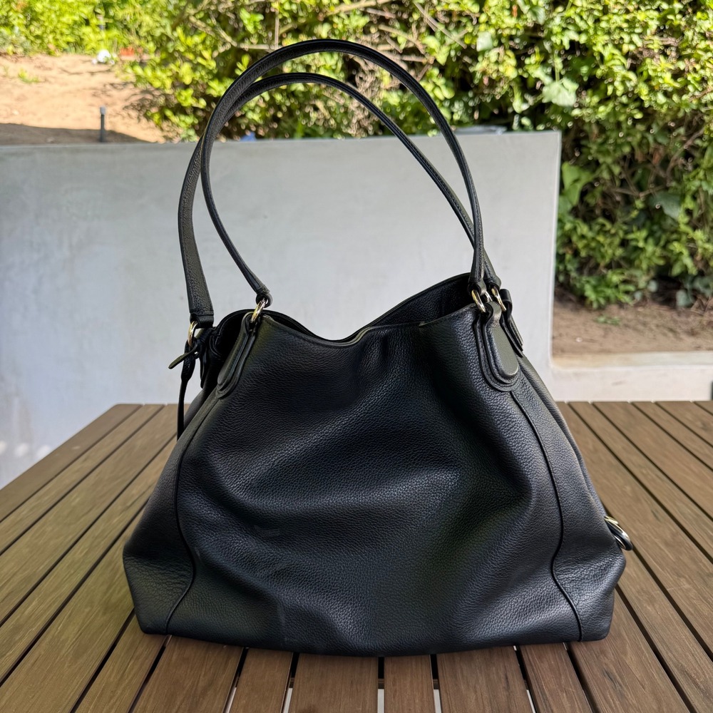 Coach Edie 31 Black Pebbled Leather Hobo Shoulder Bag Gold Logo Large - Picture 10 of 11